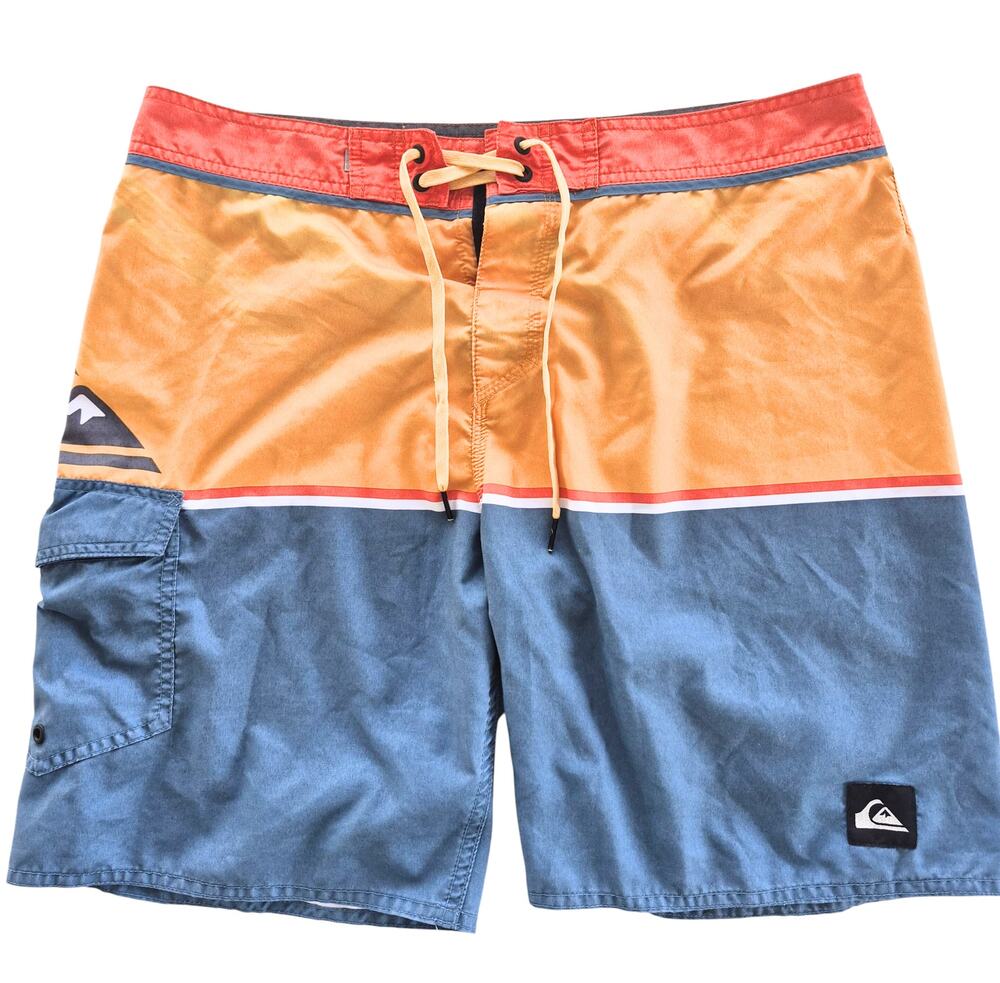 Quiksilver Mens Board Shorts Swim Trunks Sz 34 Colorful Orange Blue Logo Pocket